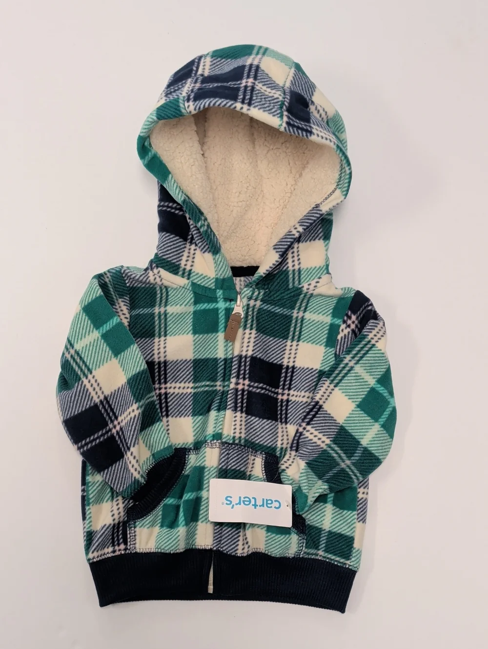Carter's Plaid Sherpa-Lined Hooded Jacket - Teal, Navy & Cream - Picture 1 of 5